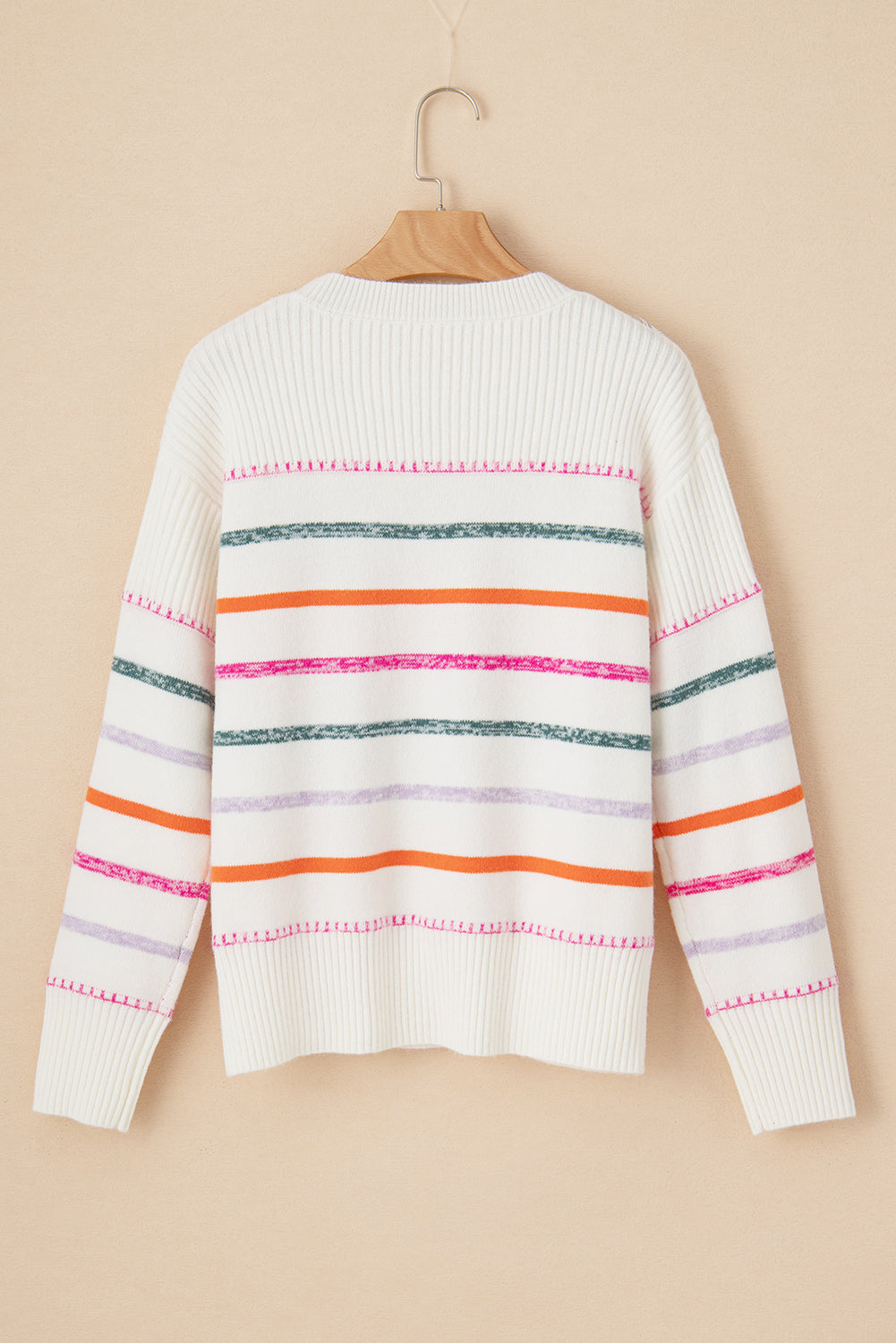 White Colorful Striped Ribbed Trim Sweater