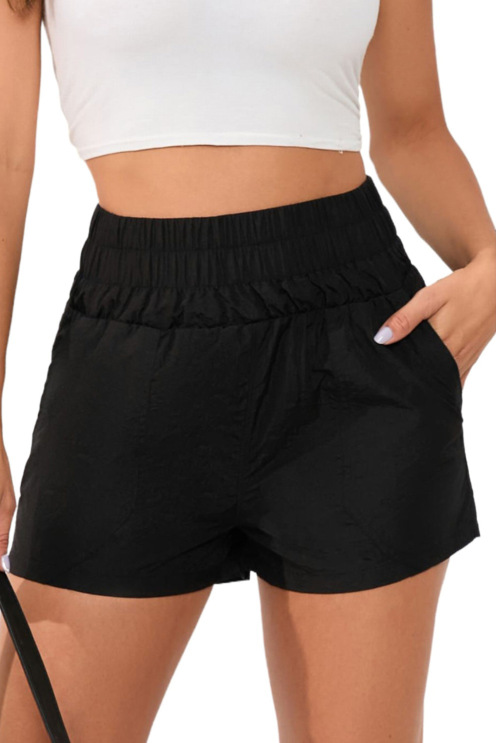 Black Elastic High Waist Side Pockets Shorts