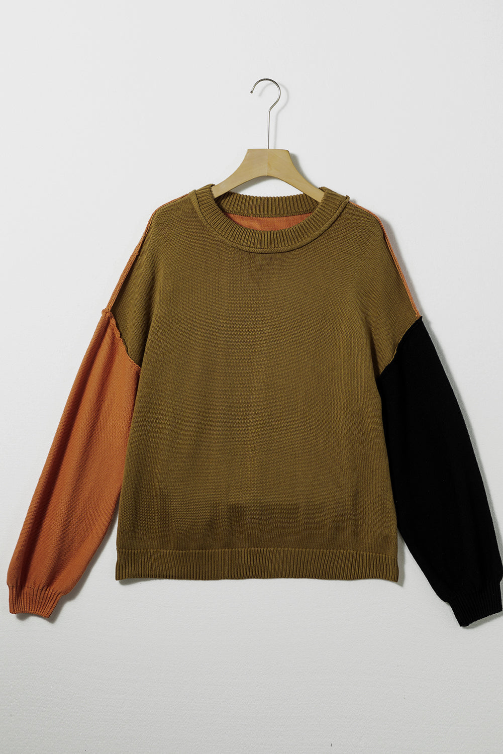 Coffee Colorblock Bishop Sleeve Ribbed Trim Sweater