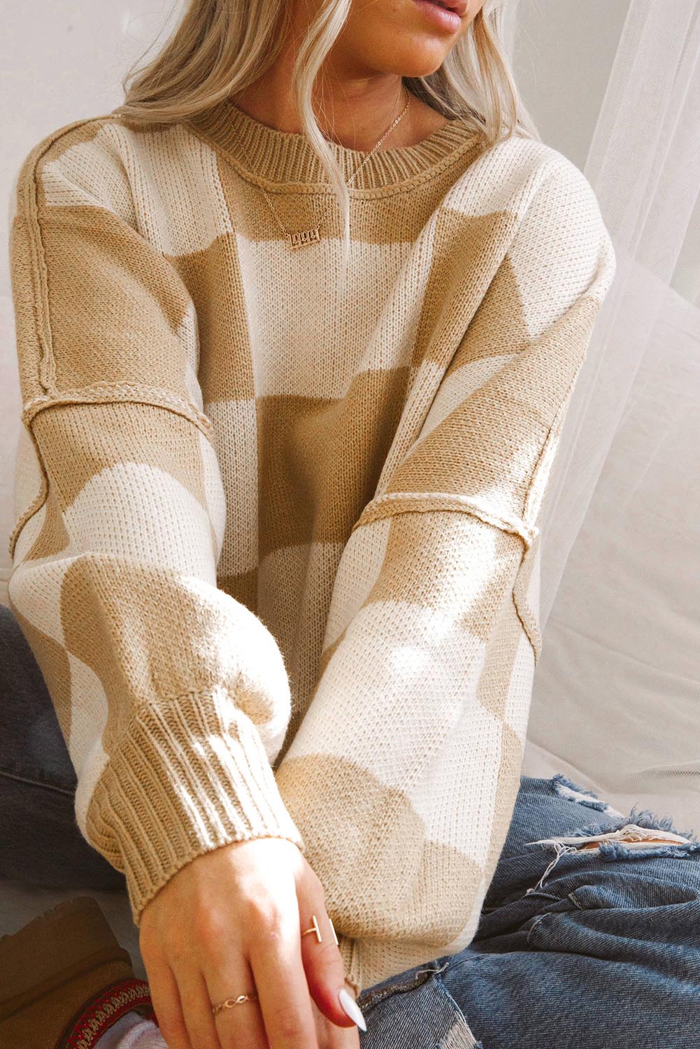 Orange Checkered Bishop Sleeve Sweater