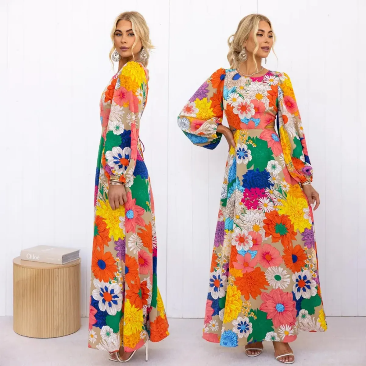 Women Fashion Casual Floral Print Lace-Up Long Sleeve Maxi Dress