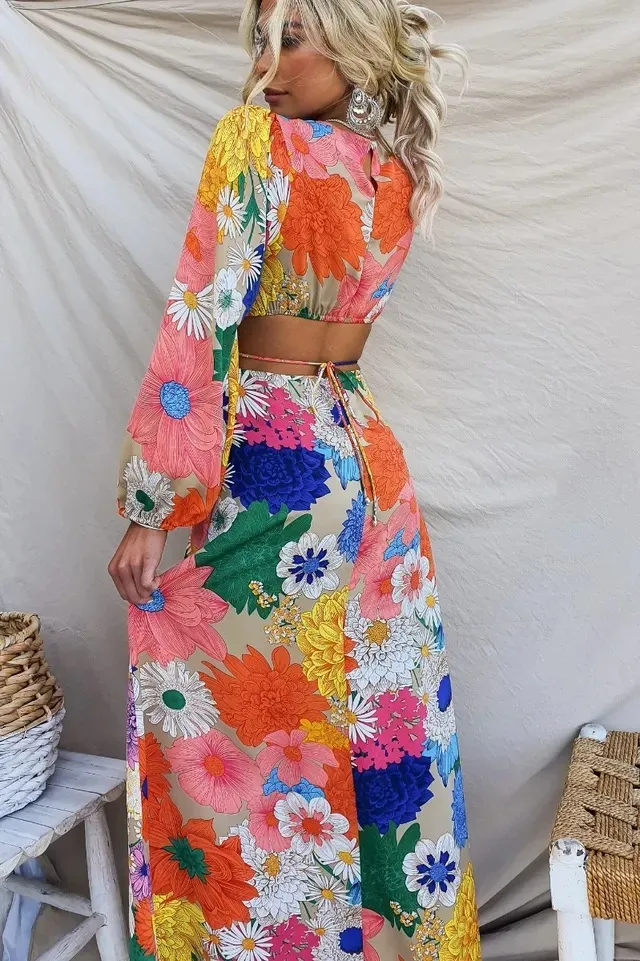 Women Fashion Casual Floral Print Lace-Up Long Sleeve Maxi Dress