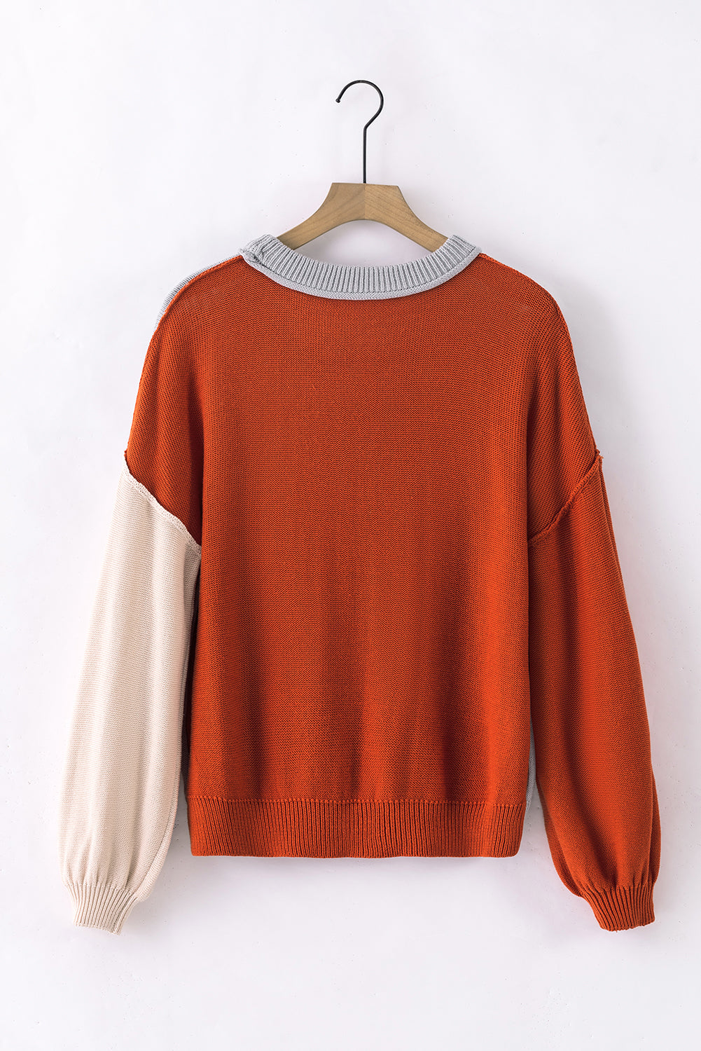 Coffee Colorblock Bishop Sleeve Ribbed Trim Sweater