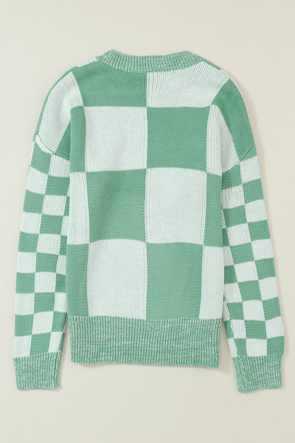 Mint Green Checkered Print Drop Shoulder Sweater