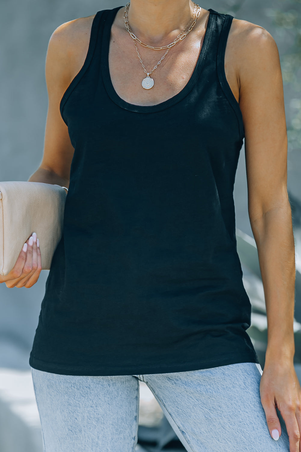 Pink Scoop Neck Basic Solid Tank Top