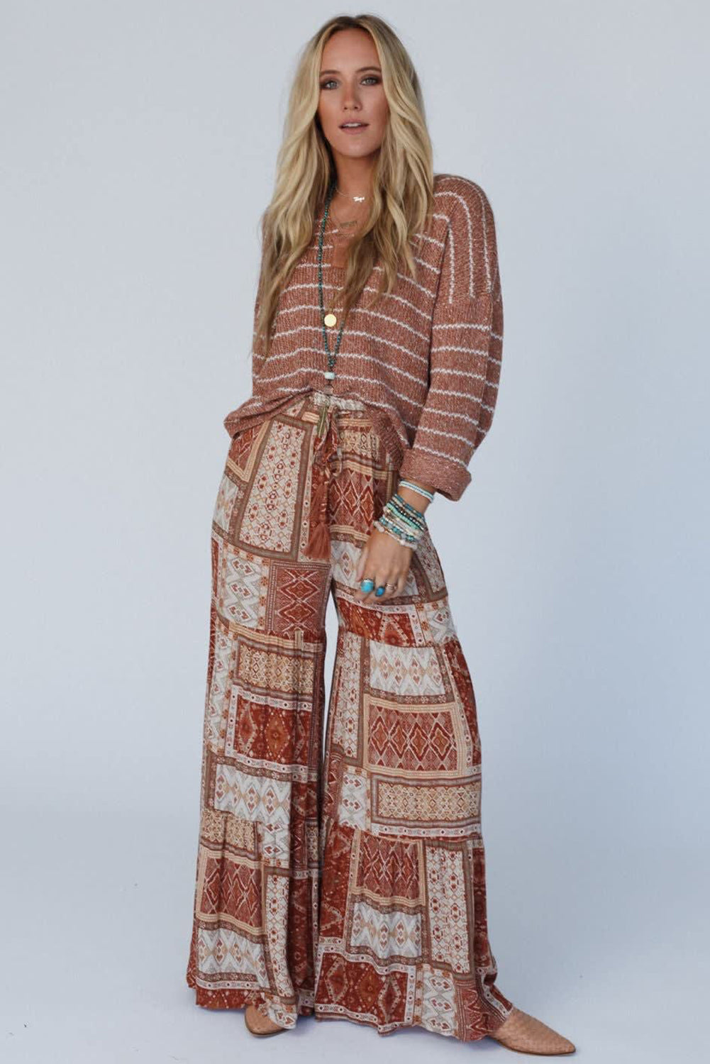 Brown Boho Aztec Print Tiered Palazzo Pants