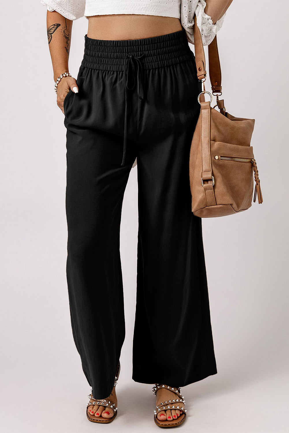 Brown Drawstring Elastic Waist Casual Wide Leg Pants