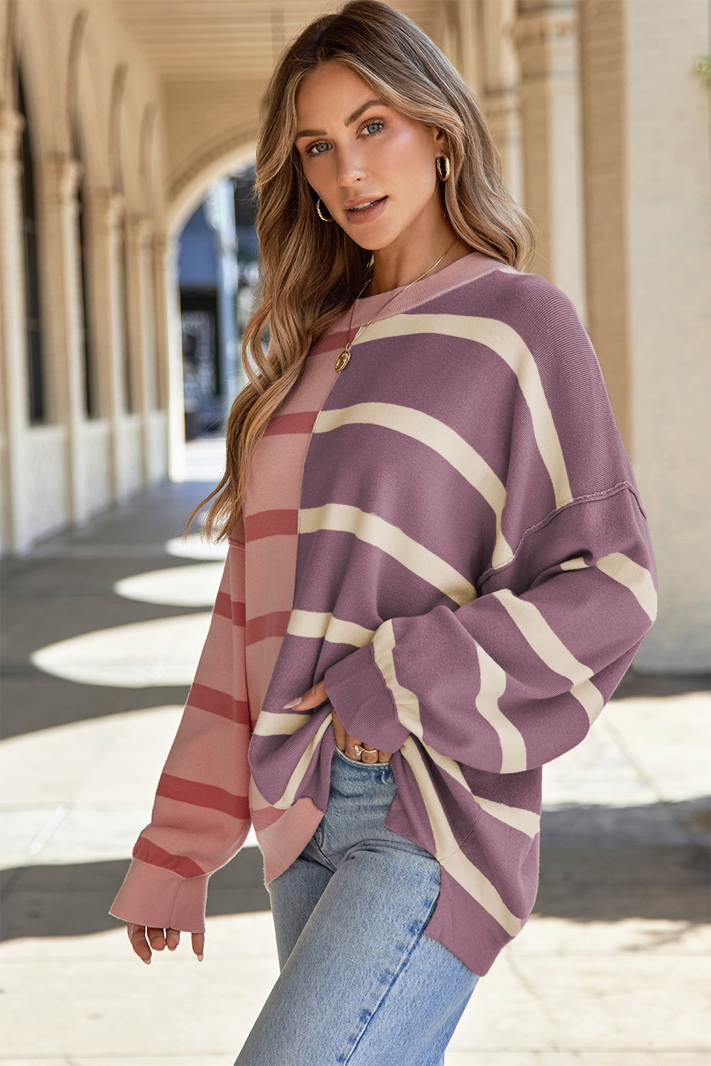 Khaki Stripe Colorblock Oversized Sweater