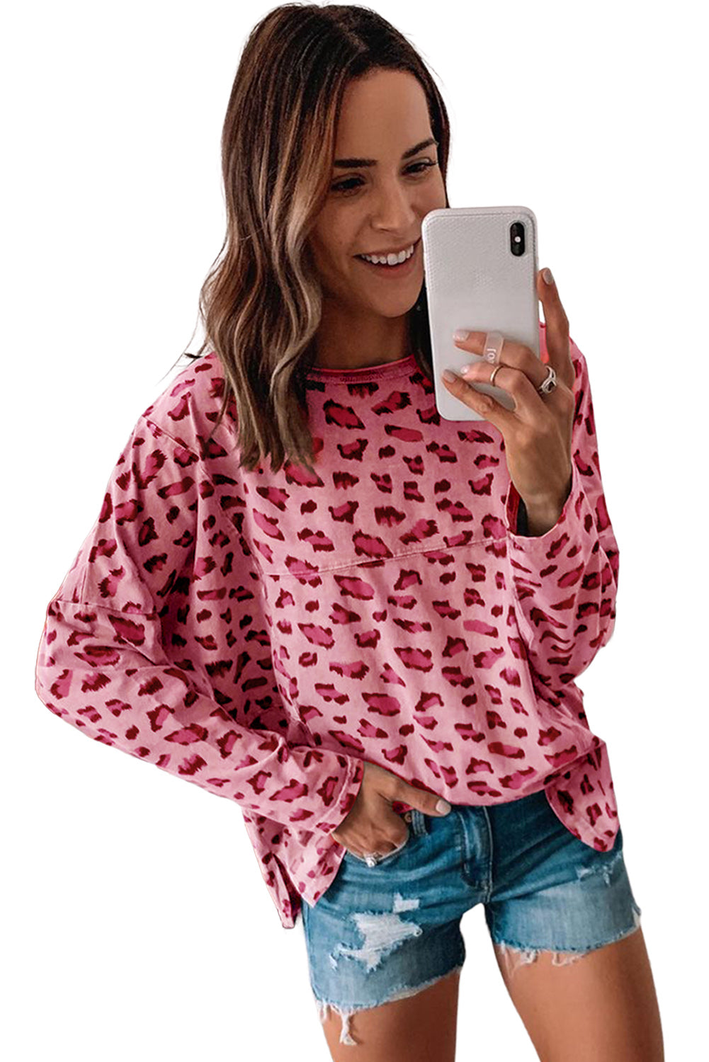 Leopard Animal Print Stitching Loose Long Sleeve Top