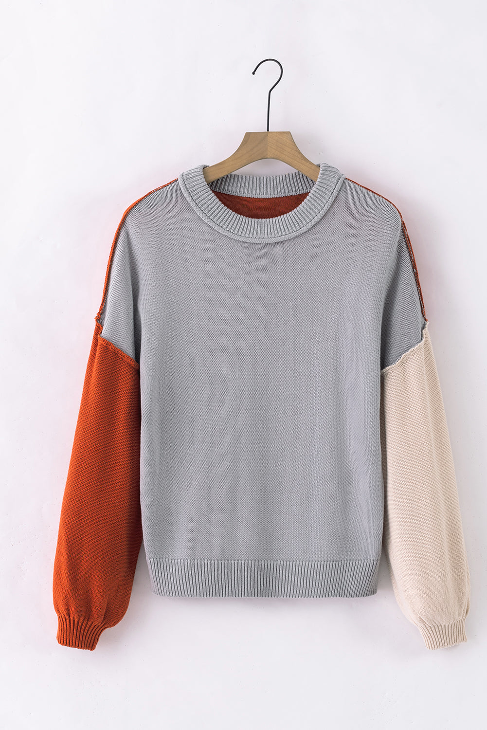 Coffee Colorblock Bishop Sleeve Ribbed Trim Sweater