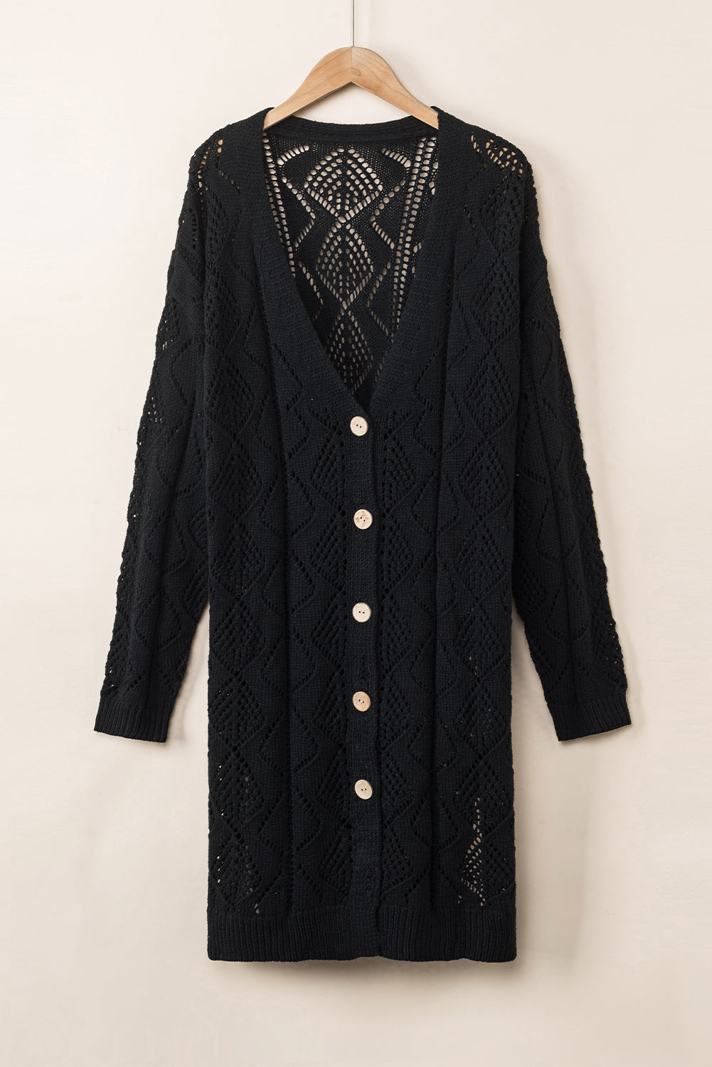 Khaki Hollow-out Openwork Knit Cardigan