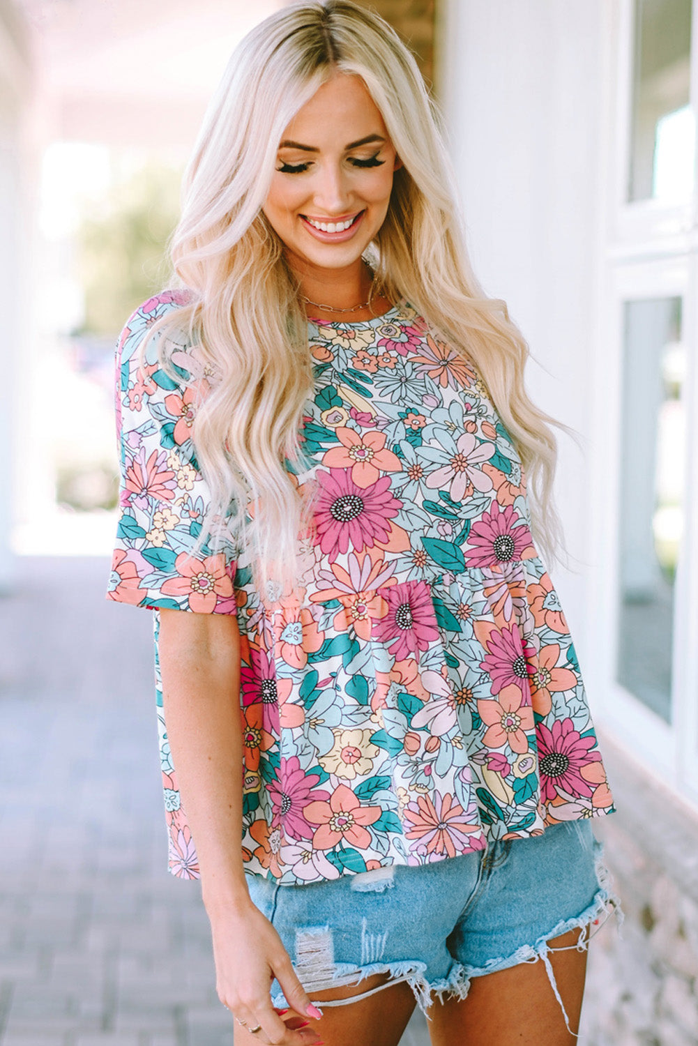 Multicolor Bohemian Flower Print Flowy Short Sleeve Top