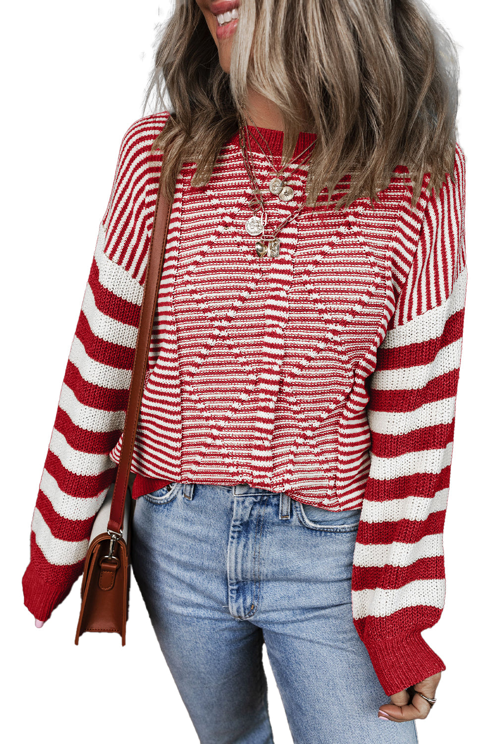 Gray Stripe Geometric Textured Drop Shoulder Sweater