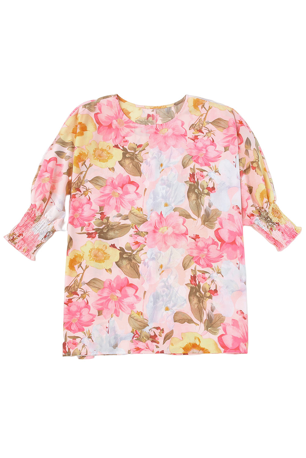 Pink Shirred Cuff 3/4 Sleeve Loose Fit Floral Blouse