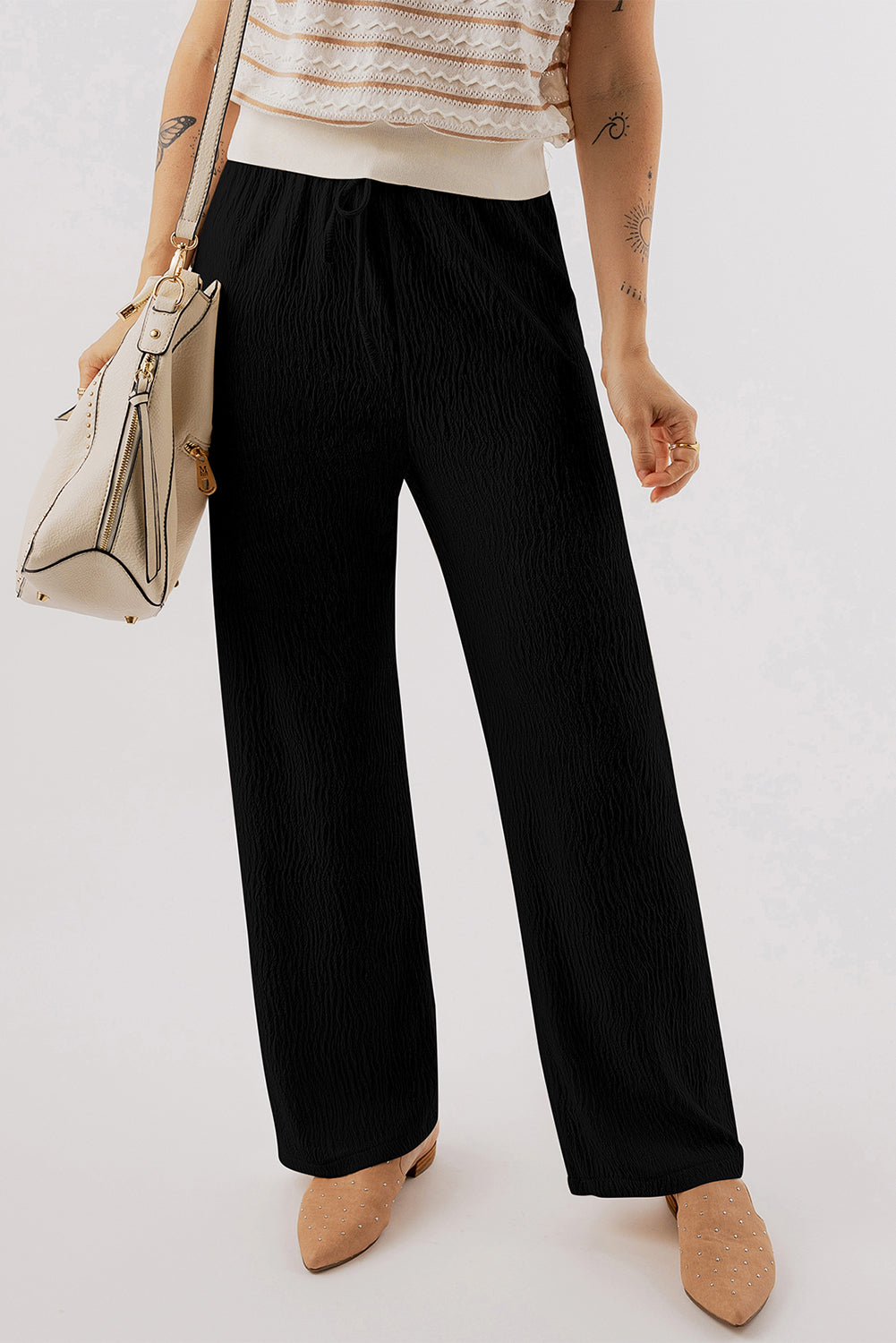 Black Textured Loose Drawstring Pants