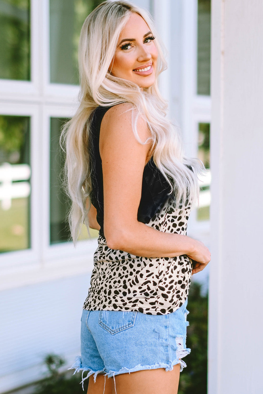 Black Gradient Leopard Split Neck Tank Top