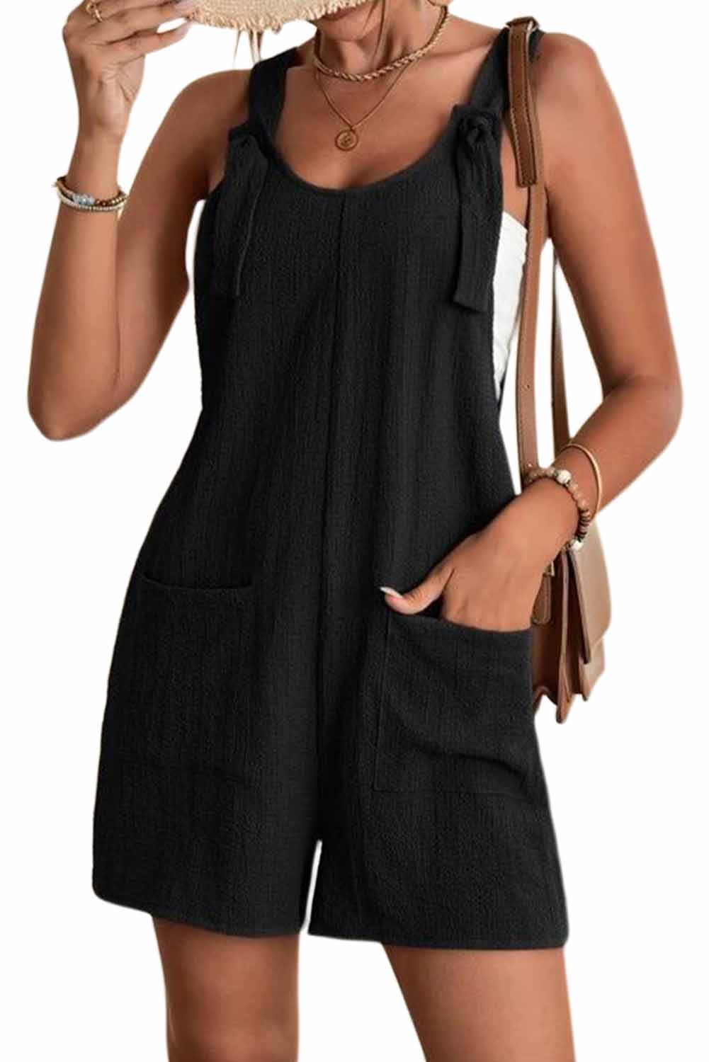 Rose Adjustable Straps Pocketed Textured Romper