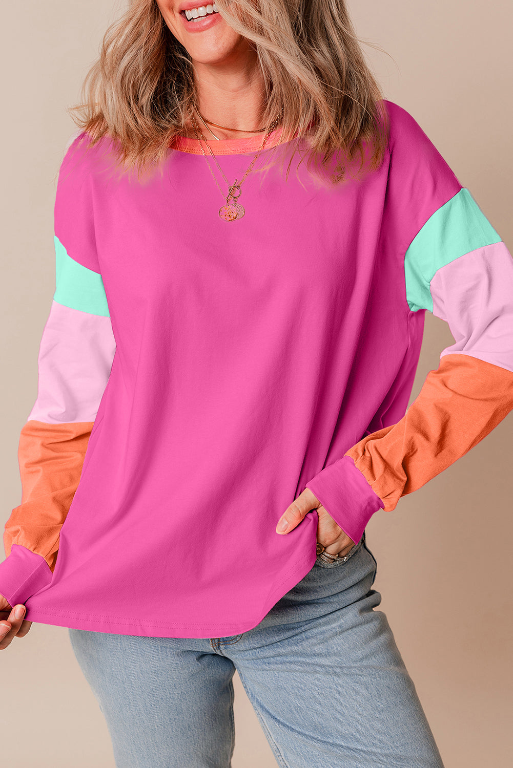 Dark Blue Colorblock Patchwork Long Sleeve Loose Top