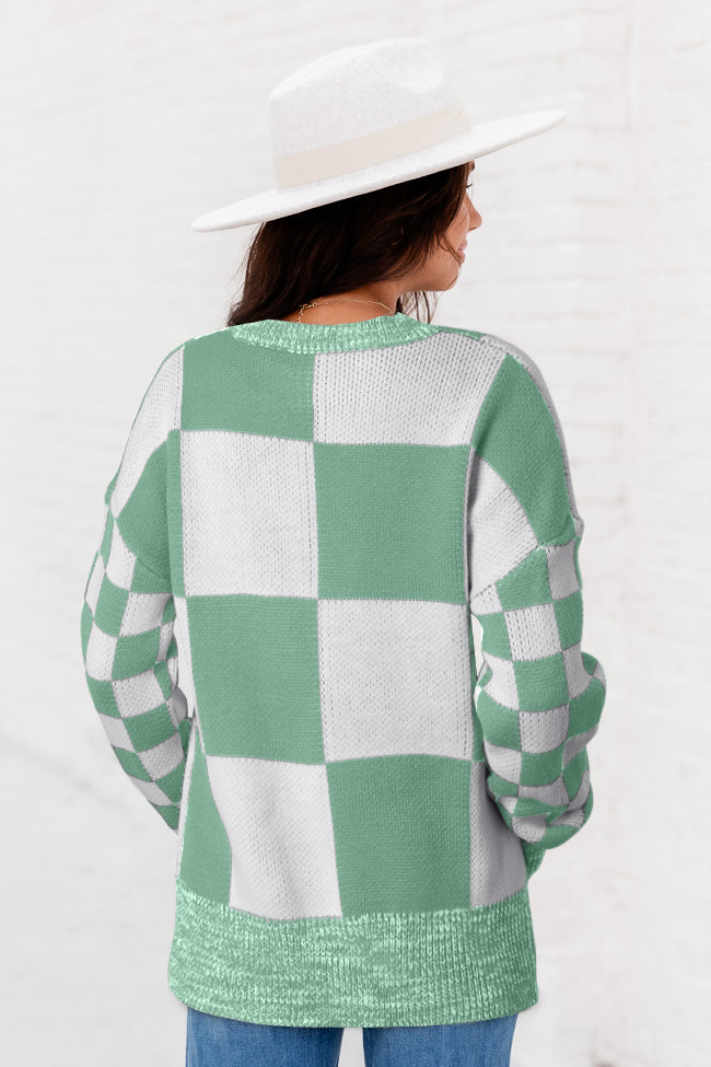 Mint Green Checkered Print Drop Shoulder Sweater