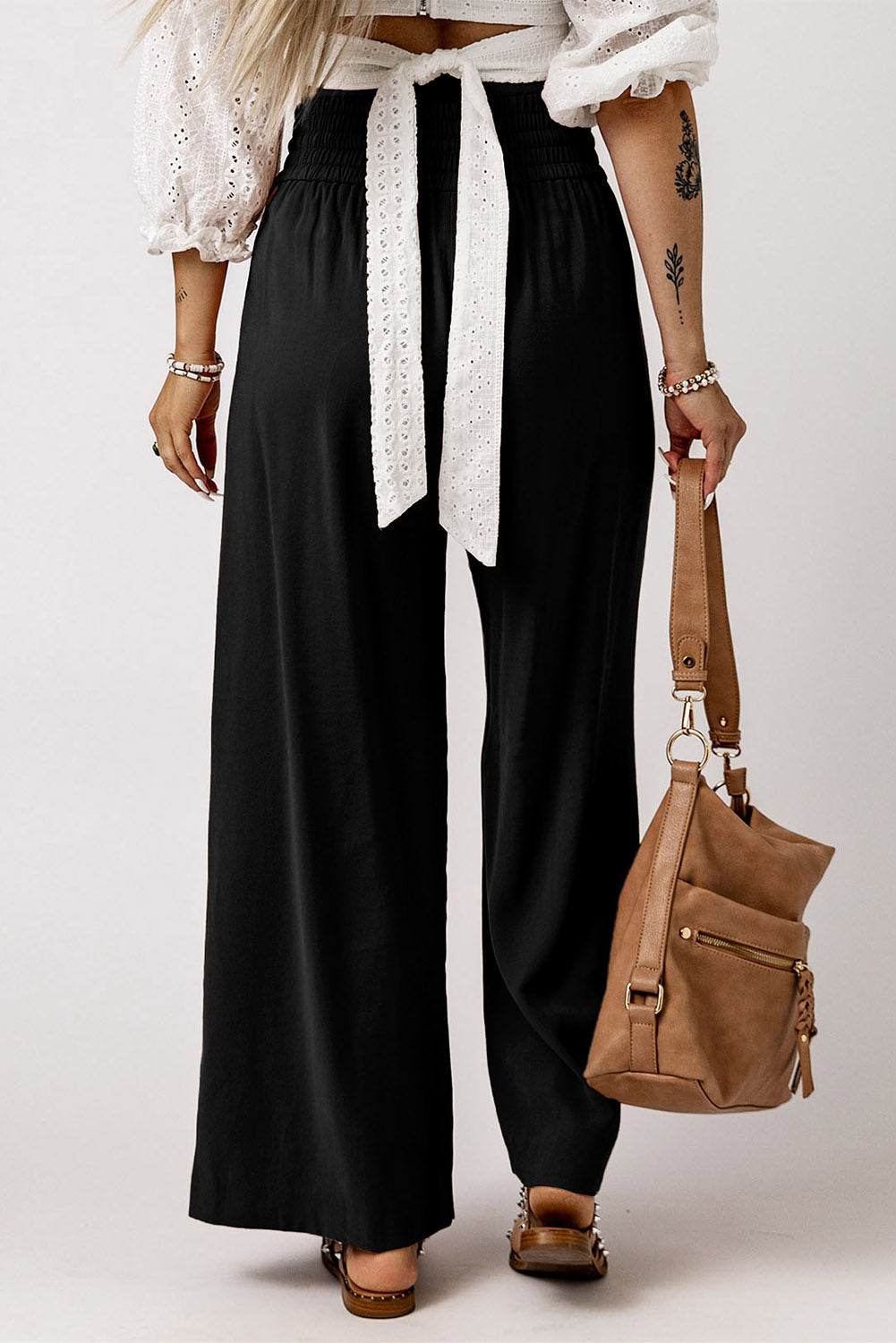 Brown Drawstring Elastic Waist Casual Wide Leg Pants