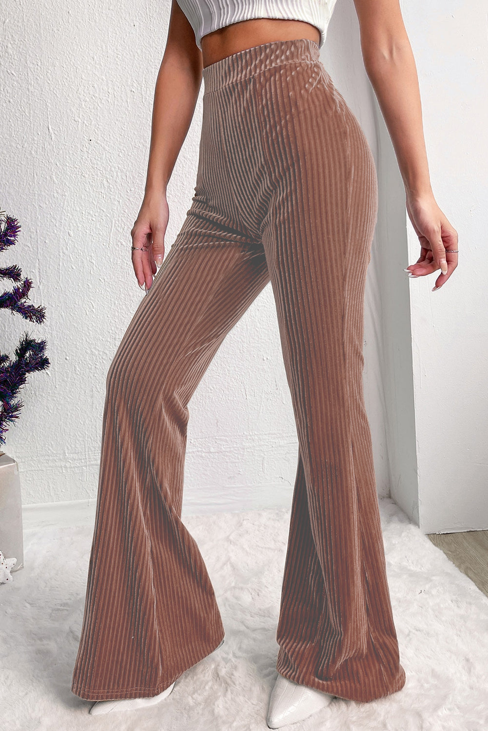 Black Solid Color High Waist Flare Corduroy Pants